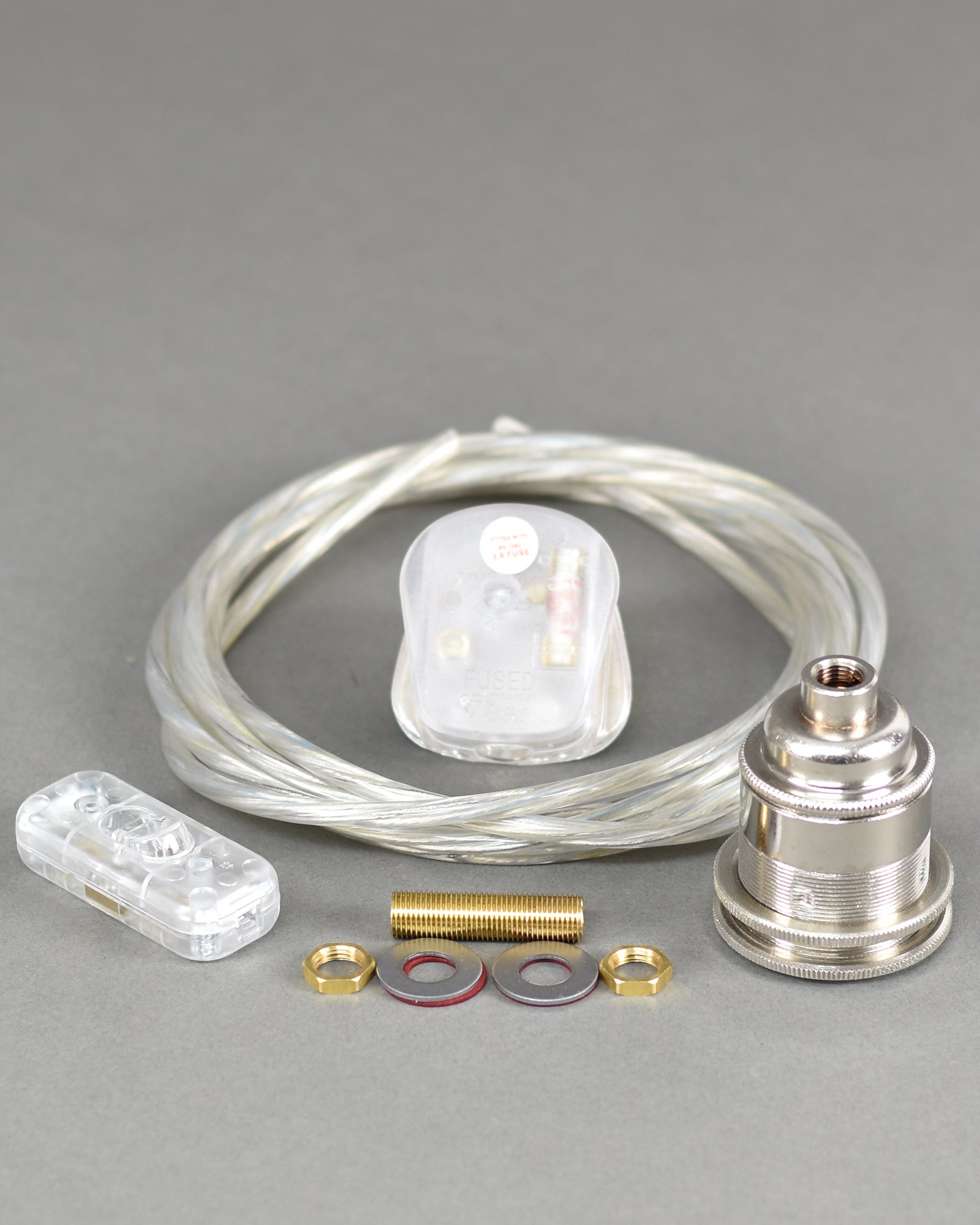Transparent Table Lamp Wiring Kit | Brass E27 ES Bulb Holder | Inline Switch - Vendimia Lighting Co.